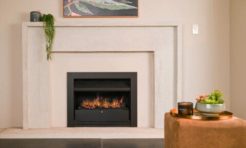 Gas fire with black fascia and wood tiles