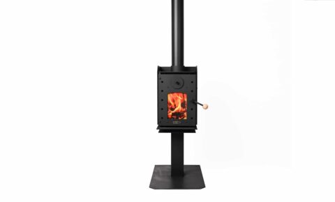 Small freestanding woodburner with pedestal on white background